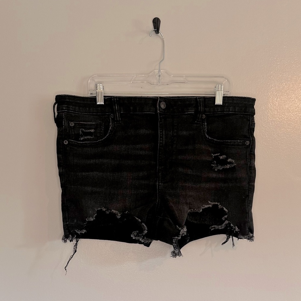 American Eagle Distressed Black Cut Off Shorts with Embroidered Pockets Size 18